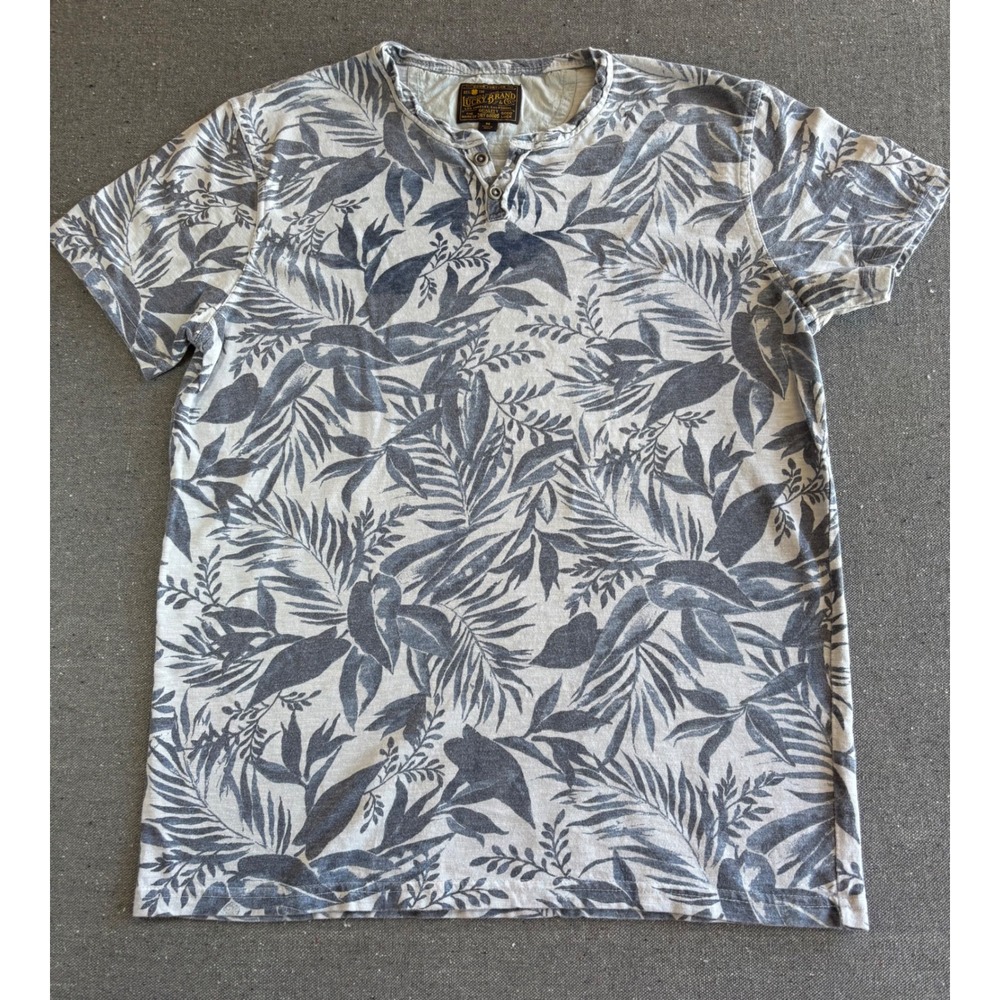 Lucky Brand Mens Blue Tropical Palm Leaf Print Short Sleeve Henley Shirt Size M